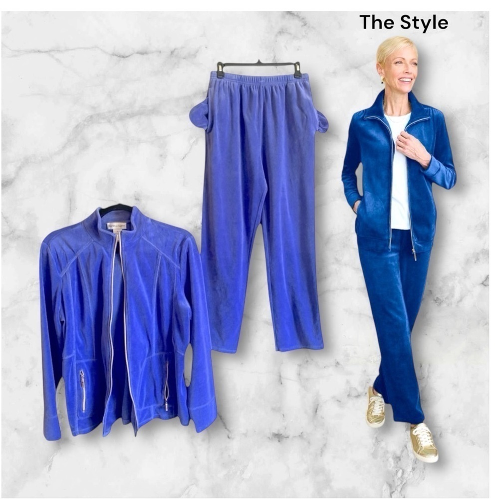 Vintage Tracksuit Pantsuit DRAPER’S & DAMON’S Velour Blue Medium Balletcore - Picture 11 of 11